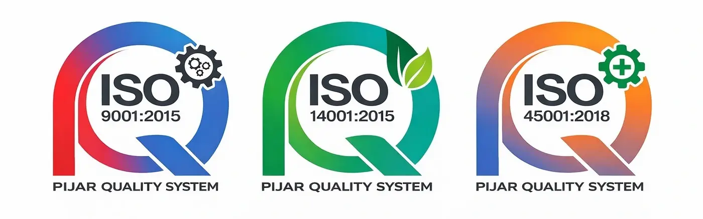 ISO 9001, ISO 14001, and ISO 45001 certification logos